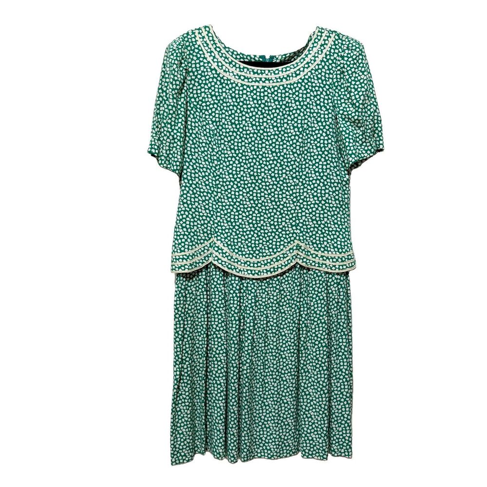 MHM Melissa Harper Womens 10 Green White Midi Dress Scallop Trim Short Sleeve